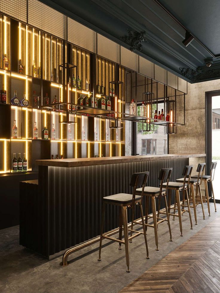 Modern bar interior with illuminated shelves, high stools, and stylish wooden decor.