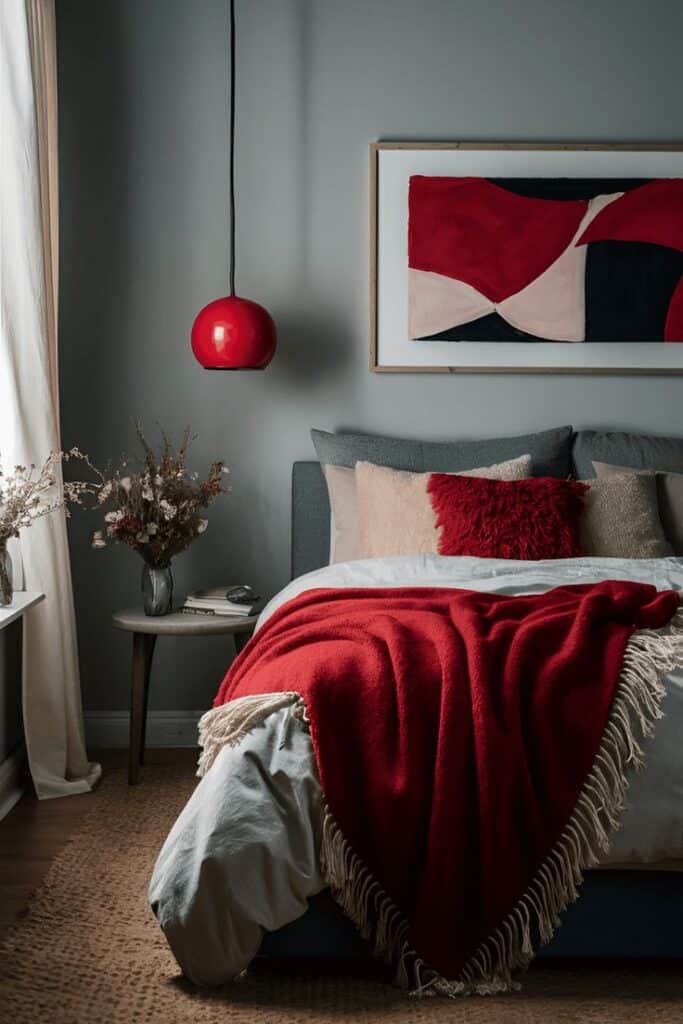 Cozy bedroom with red accents, modern art, pendant light, and a plush bed featuring a red blanket and decorative pillows.