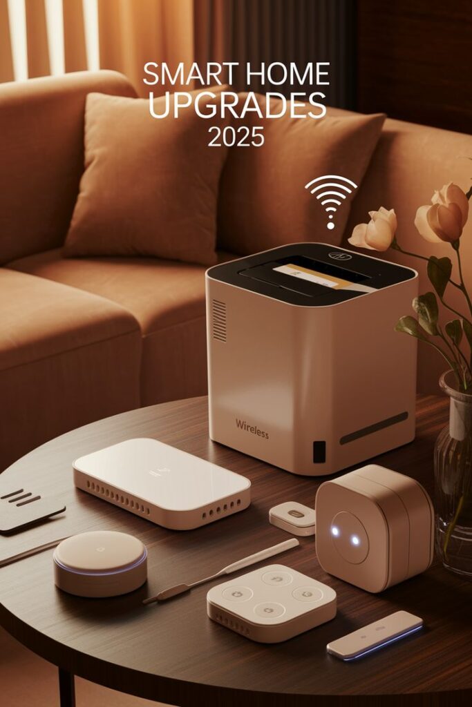 Smart home devices on table with couch background, titled Smart Home Upgrades 2025, showcasing new tech.