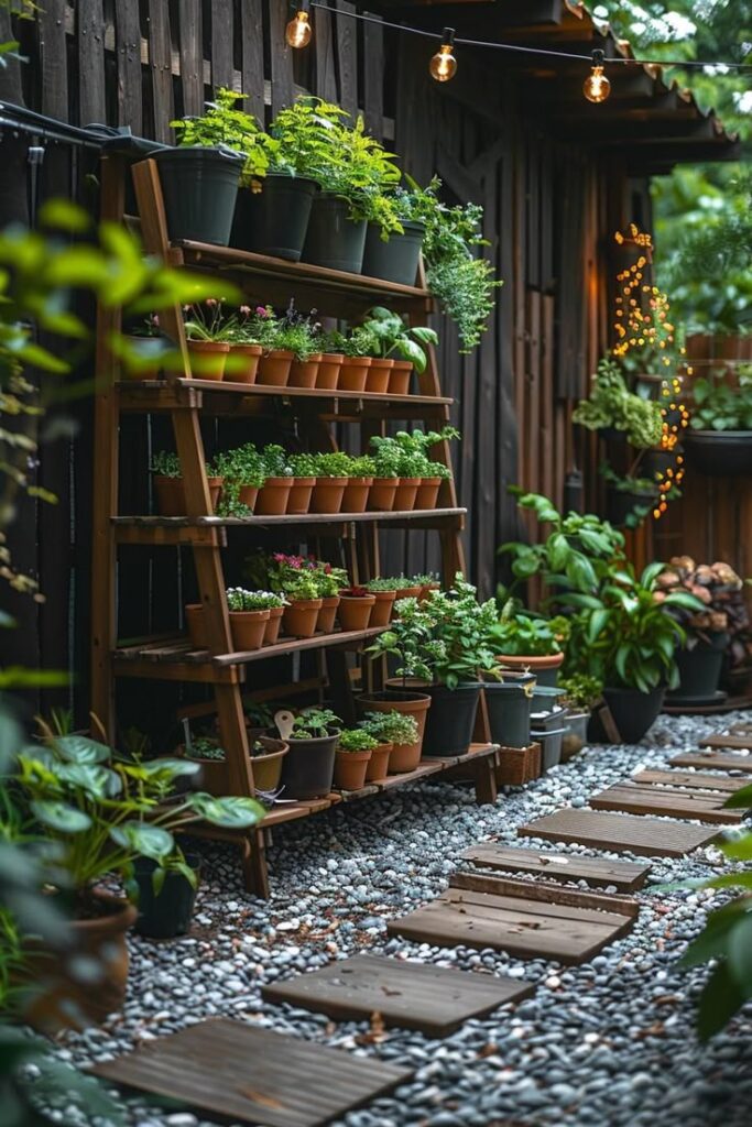Outdoor wooden shelf with potted plants and fairy lights, on a pebble path in a cozy garden setting.