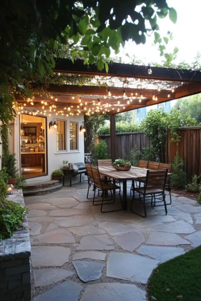 15 Engaging Back Patio Ideas to Transform your Outdoor Space Cozy backyard patio with string lights, wooden dining table, and lush greenery for a charming outdoor evening ambiance. | Sky Rye Design Cozy backyard patio with string lights, wooden dining table, and lush greenery for a charming outdoor evening ambiance.