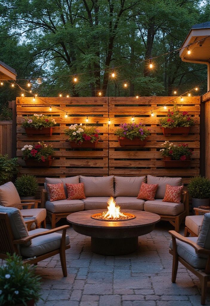 15 Stunning Outdoor Privacy Wall Ideas That Will Transform Your Backyard into a Personal Oasis - The Aesthetic Loft Cozy outdoor patio with fire pit, string lights, and wooden pallet backdrop adorned with colorful flowers. | Sky Rye Design Cozy outdoor patio with fire pit, string lights, and wooden pallet backdrop adorned with colorful flowers.