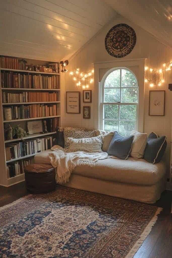 Cozy reading nook with string lights, bookshelves, upholstered couch, pillows, and an ornate rug in a vintage-style room.