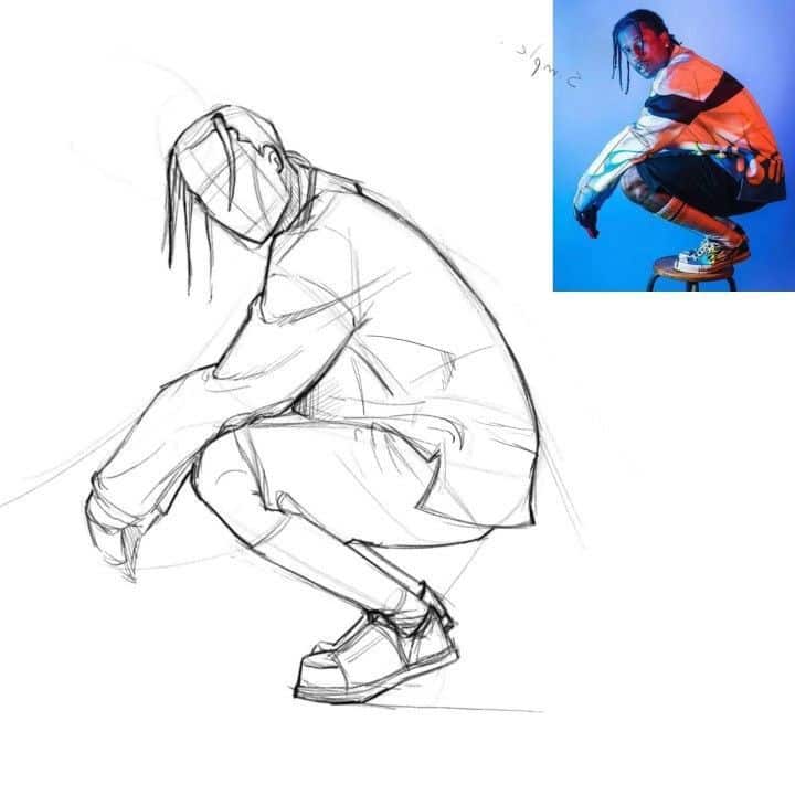 Sketch of a person squatting with braided hair, beside a colored photo of the individual in a similar pose on a stool.