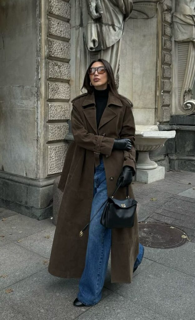 Stylish woman in long brown coat and jeans, posing by architectural statue. Fashionable city streetwear.