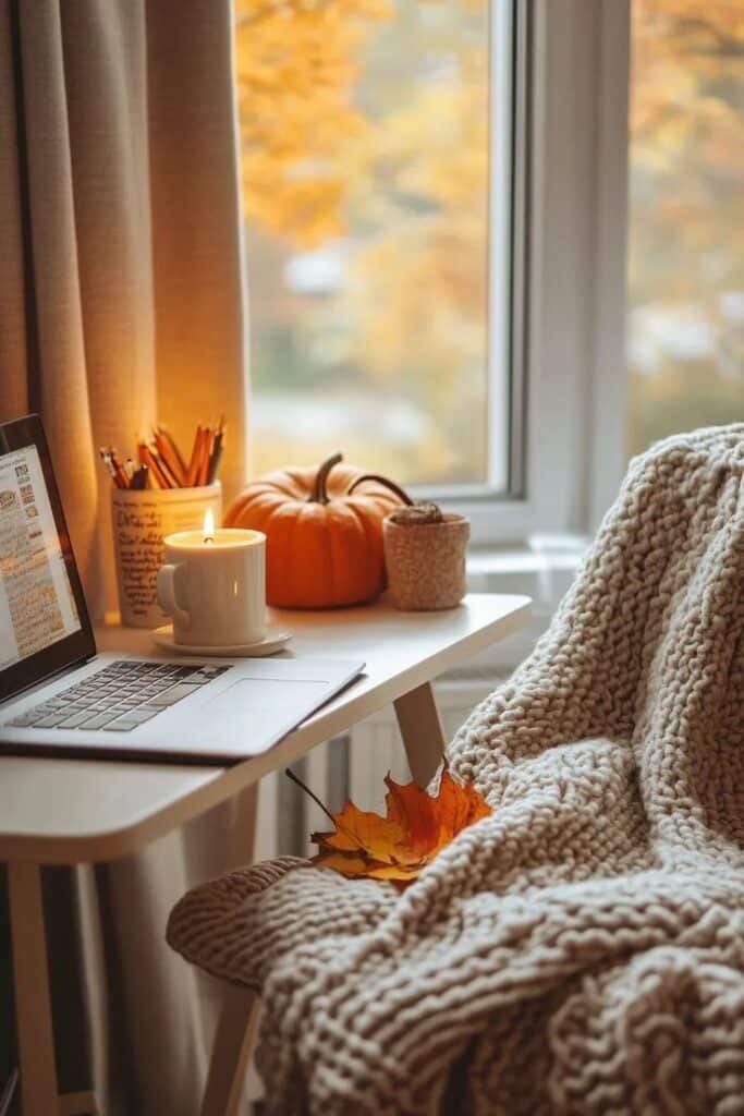 Cozy autumn workspace with laptop, mug, pumpkin, candle, and knit blanket by a window with fall leaves outside.