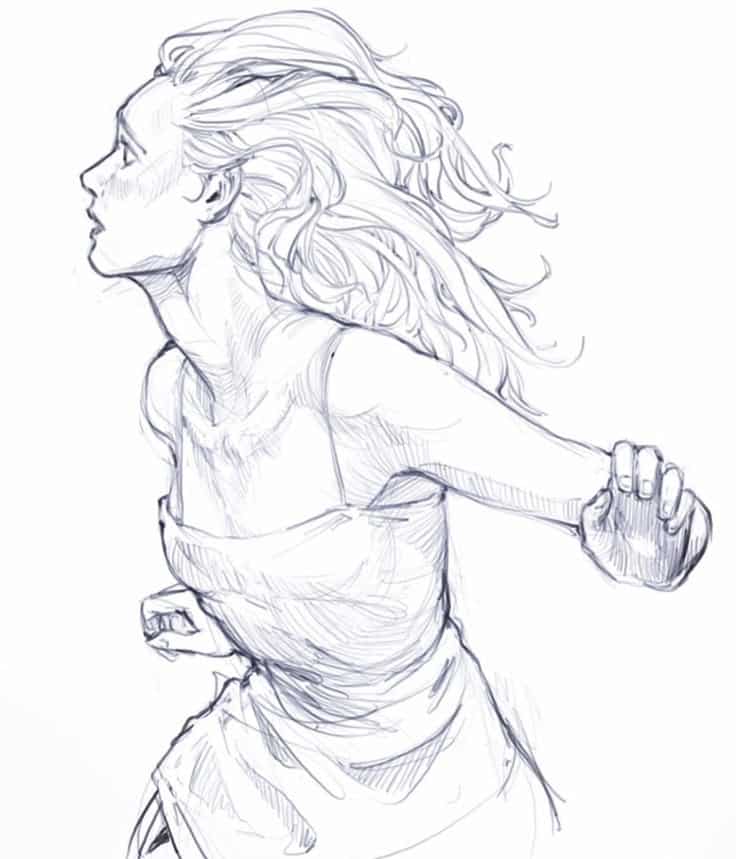Sketch of a running woman with flowing hair, looking determined, wearing a dress and moving forward energetically.