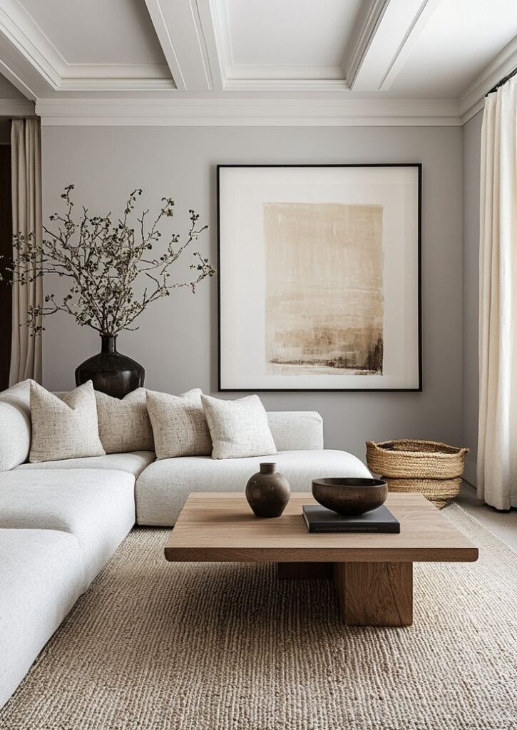 Minimalist living room with beige sofa, wooden coffee table, neutral decor, and large abstract wall art. Cozy and elegant design.