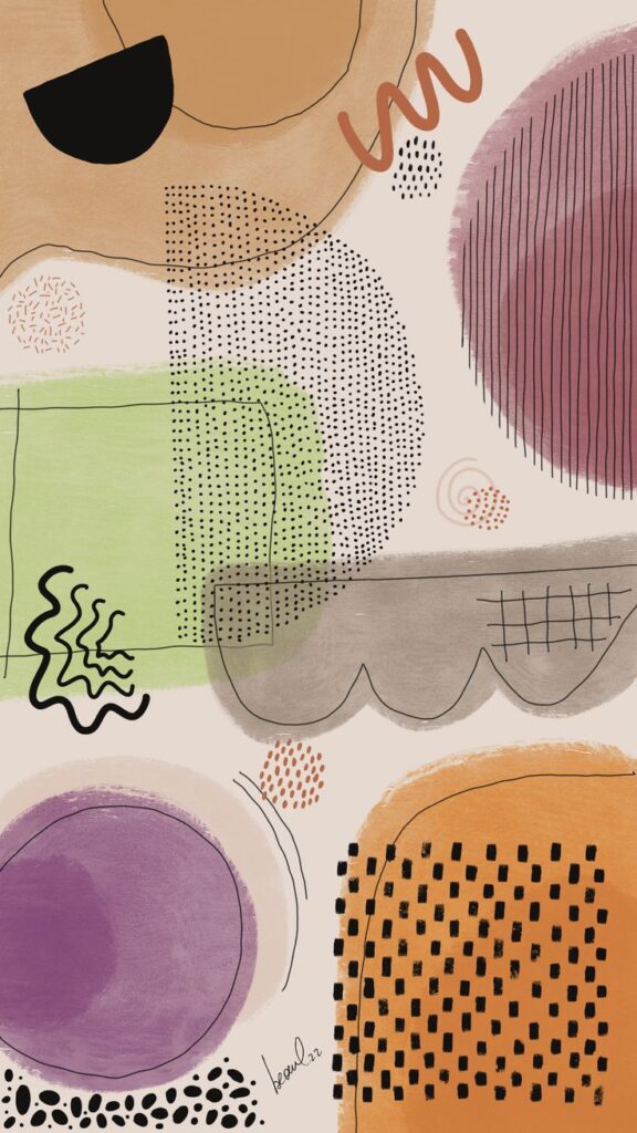 Abstract art with colorful shapes and textures in orange, purple, and green tones on a neutral background.