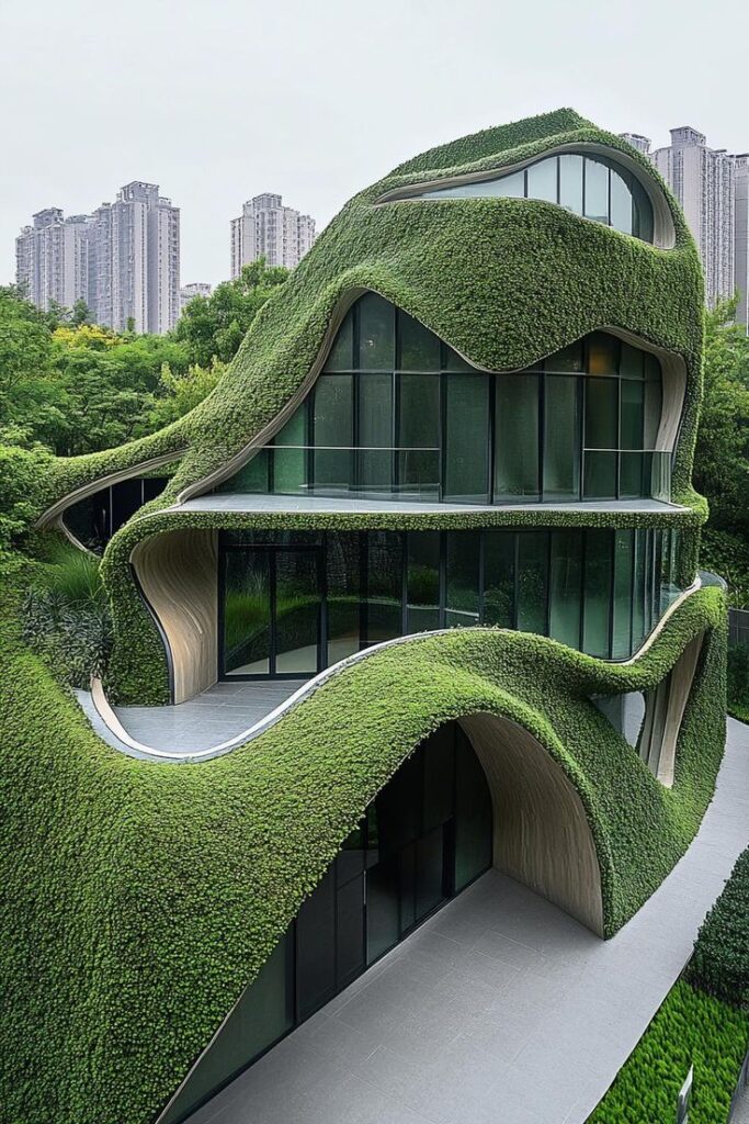 Futuristic building with curved, greenery-covered facade and large windows in an urban setting.