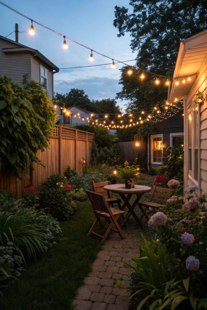 16+ Stunning Modern Small Backyard Ideas Cozy backyard patio with string lights, wooden furniture, and lush garden in the evening twilight. | Sky Rye Design Cozy backyard patio with string lights, wooden furniture, and lush garden in the evening twilight.