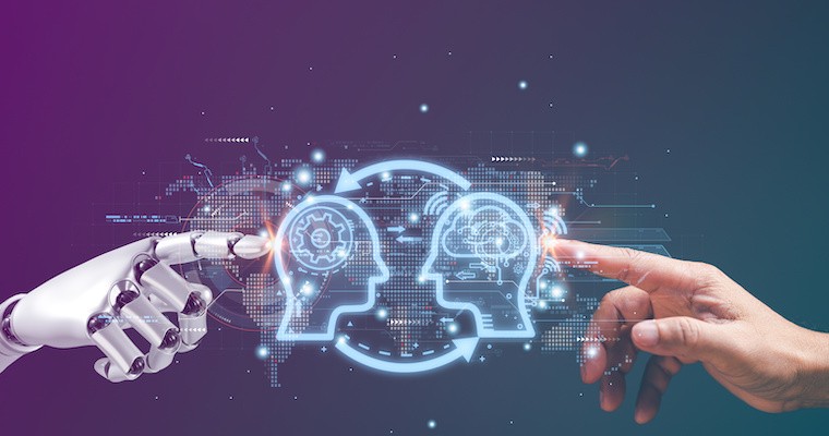 Robot and human hands touching virtual interface, symbolizing AI collaboration and technology integration.