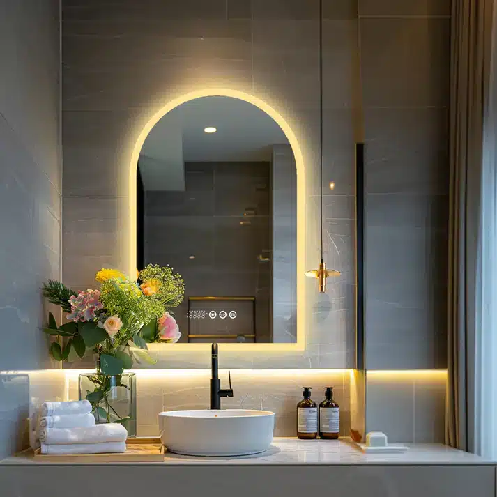 16_00c5b99a-db78-4e0c-b62f-09e42d876518 Modern bathroom with illuminated arched mirror, elegant sink, fresh flowers, and chic decor accents. | Sky Rye Design Modern bathroom with illuminated arched mirror, elegant sink, fresh flowers, and chic decor accents.