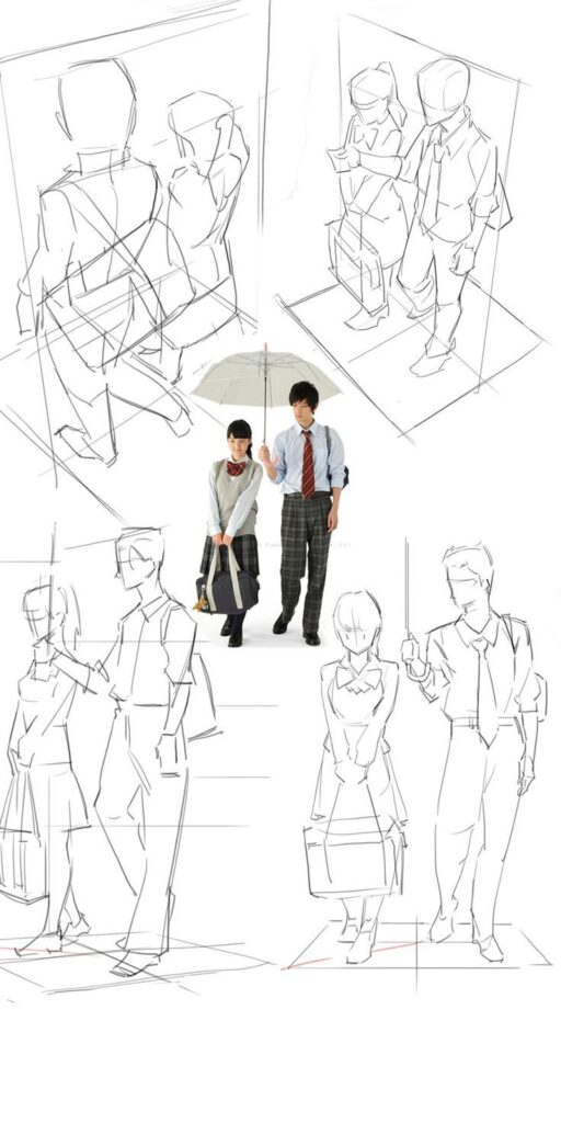 Anime sketch depicting a schoolgirl and schoolboy under an umbrella, showcasing character design process.