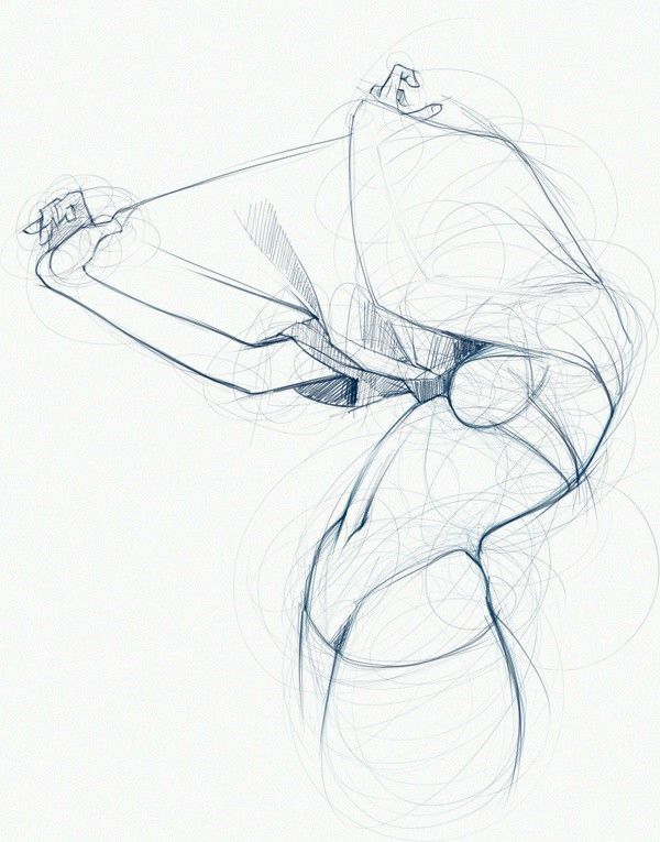 Abstract line art depicting a dynamic, curving human figure in motion, showcasing fluid movement and creative energy.