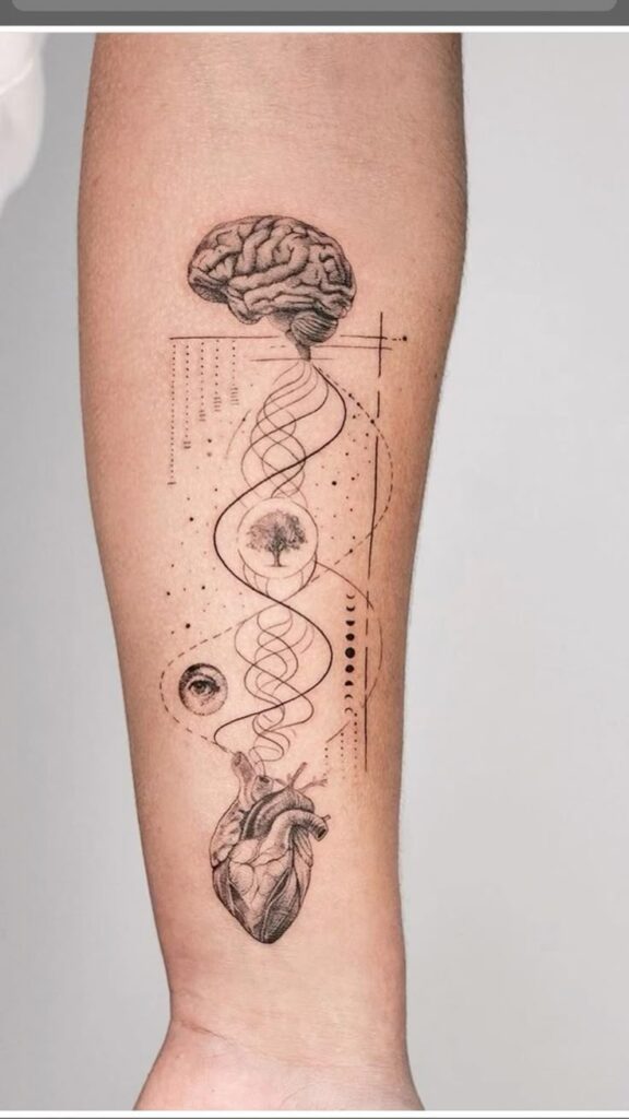 Tattoo of brain, heart, DNA strand, tree, and eye on forearm, symbolizing connection between mind, body, and nature.