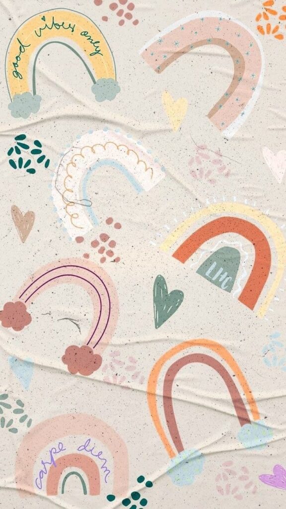 Abstract pastel rainbows and hearts pattern with text good vibes only and carpe diem on a textured background.