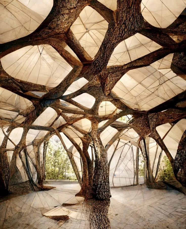 Futuristic architecture with intertwining tree structures and a translucent ceiling, creating a natural yet modern space.