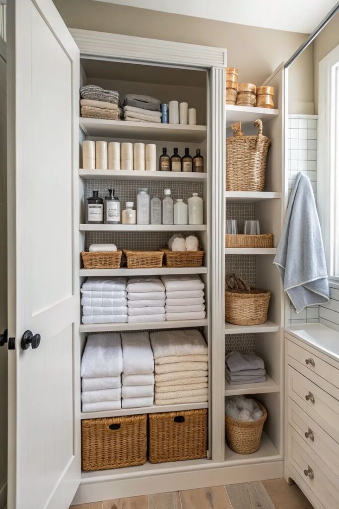 Neatly organized linen closet with baskets, toiletries, and folded towels. Minimalist bathroom storage solution.