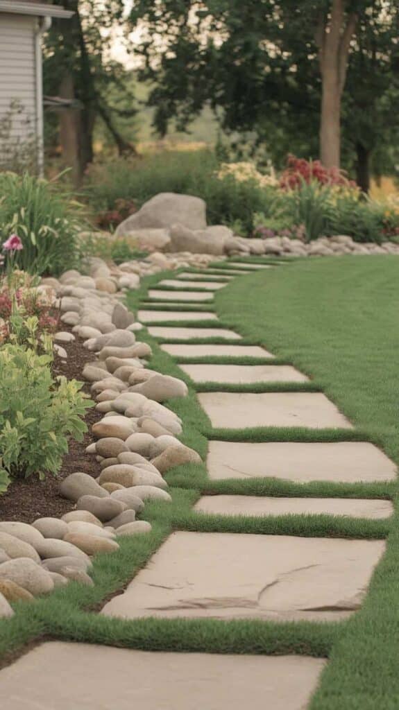 Stone pathway in a lush garden with flowers and vibrant green grass, bordered by decorative rocks.