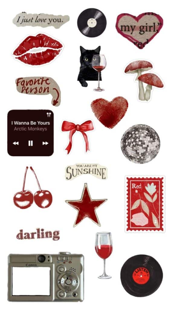 Collage of red and vintage-themed elements: lips, vinyl, cat, heart, star, wine glass, cherries, and inspirational words.