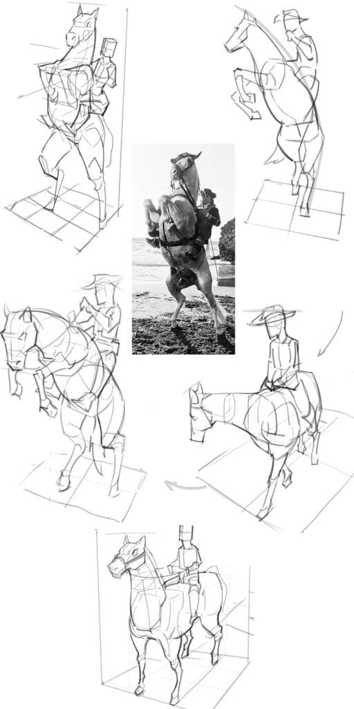 Sequential horse and rider sketches showing dynamic movement and structure; includes reference photo.