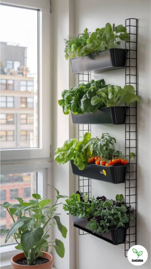 Wall-mounted herb garden indoors with various leafy greens and small tomatoes in black planters by a window.