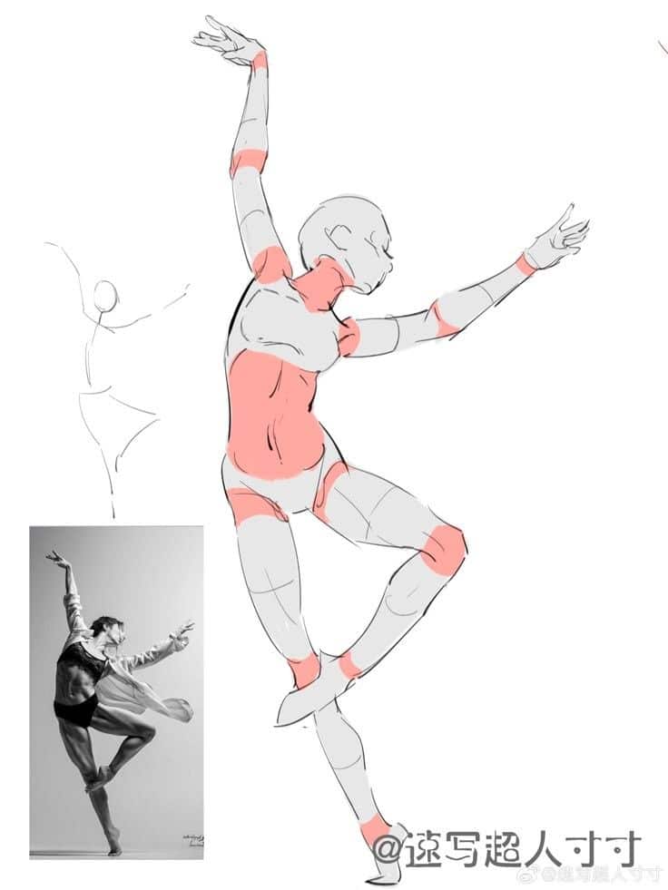Sketch of a dancer mid-pose with highlighted muscles; reference photo inset of dancer in similar position.