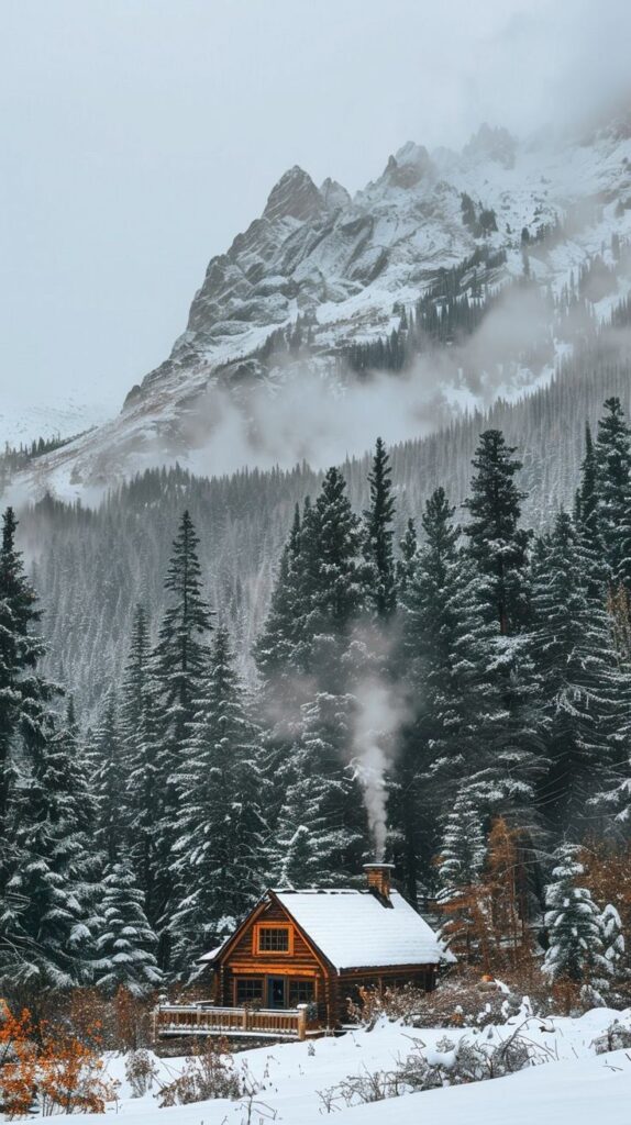 Cozy cabin in snowy forest with mountains and mist, smoke rising from chimney, winter landscape.