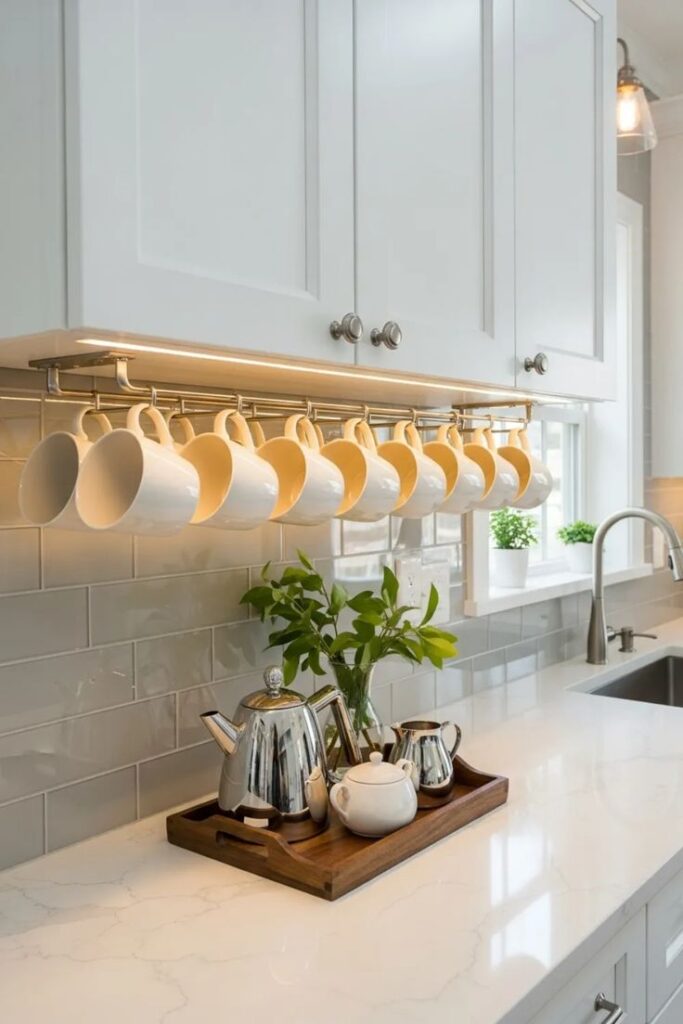 Modern kitchen with hanging mugs, a stainless steel kettle, and green plant on a wooden tray.