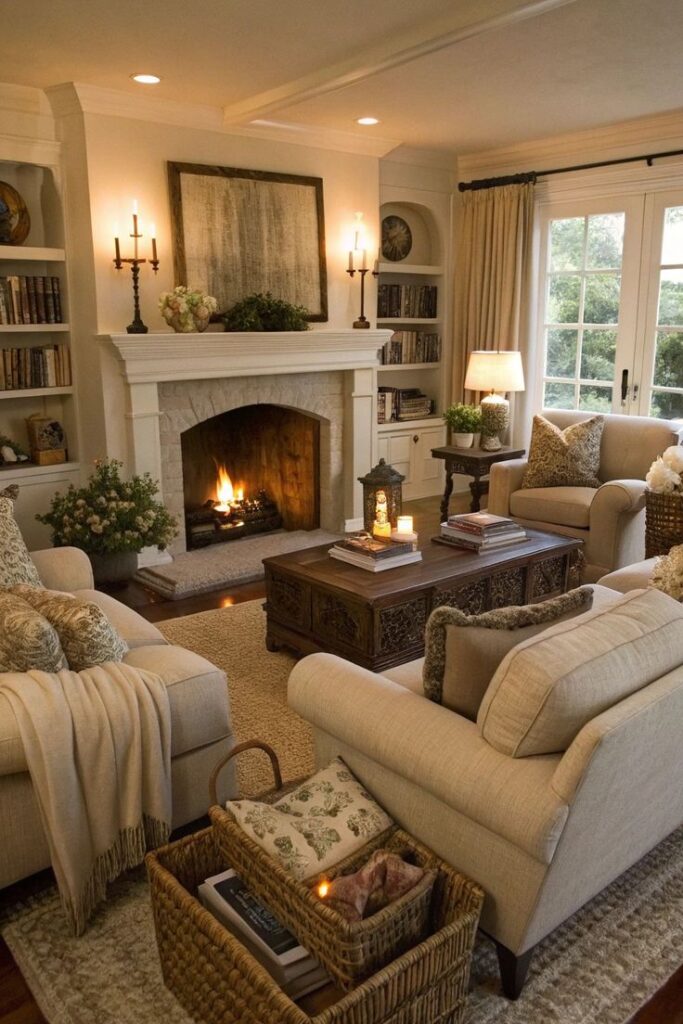 Cozy living room with fireplace, comfortable sofas, and warm lighting creating an inviting atmosphere.