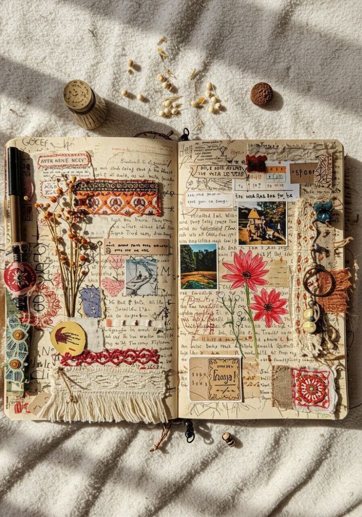Artistic journal spread with handwritten notes, dried flowers, fabric swatches, and vintage photos on a cozy blanket.