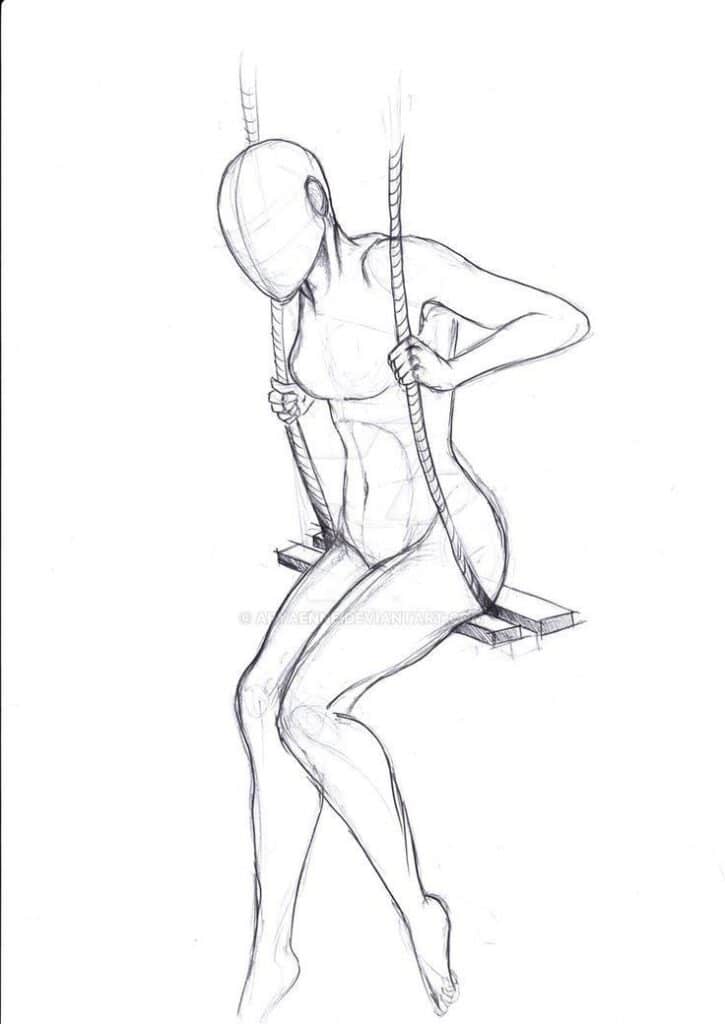 Sketch of a person sitting on a swing, no facial features, pencil drawing, artistic pose.