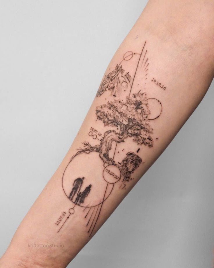 Abstract tattoo with tree, house, and silhouettes on forearm. Features lines, circles, and dates for a minimalistic design.