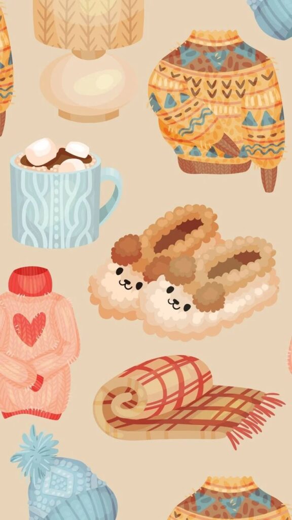 Cozy autumn vibes with sweaters, hot chocolate, slippers, and blankets on a beige background.