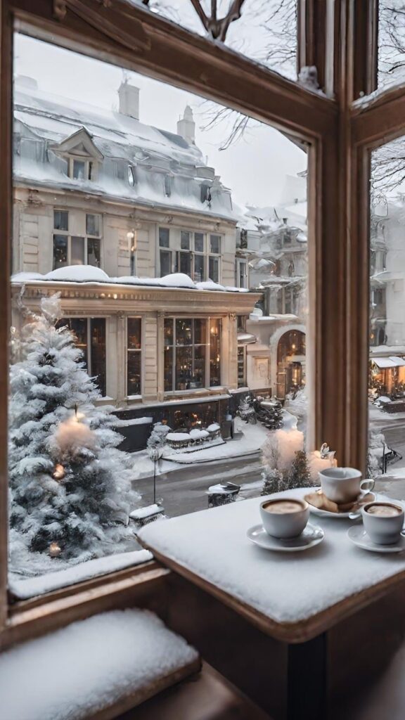 Cozy café with two coffee cups by a snowy window overlooking a winter street scene.