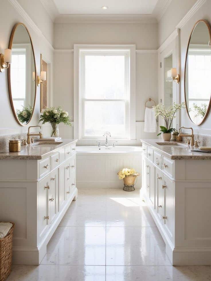 Elegant bathroom with dual vanities, round mirrors, and a centrally placed window above a bathtub. Bright and airy design.