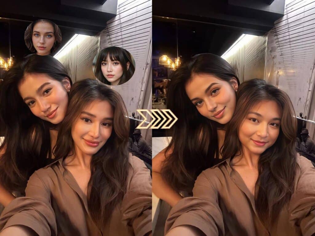 Two women smiling for a selfie in a warmly lit room with virtual transformations displayed.