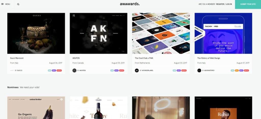 Web design gallery showcasing Gucci Marmont, AKUFEN, Cool Club, and History of Web Design on Awwwards website.