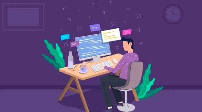 Illustration of a programmer at a desk coding in HTML, CSS, PHP, and JavaScript on a computer monitor.