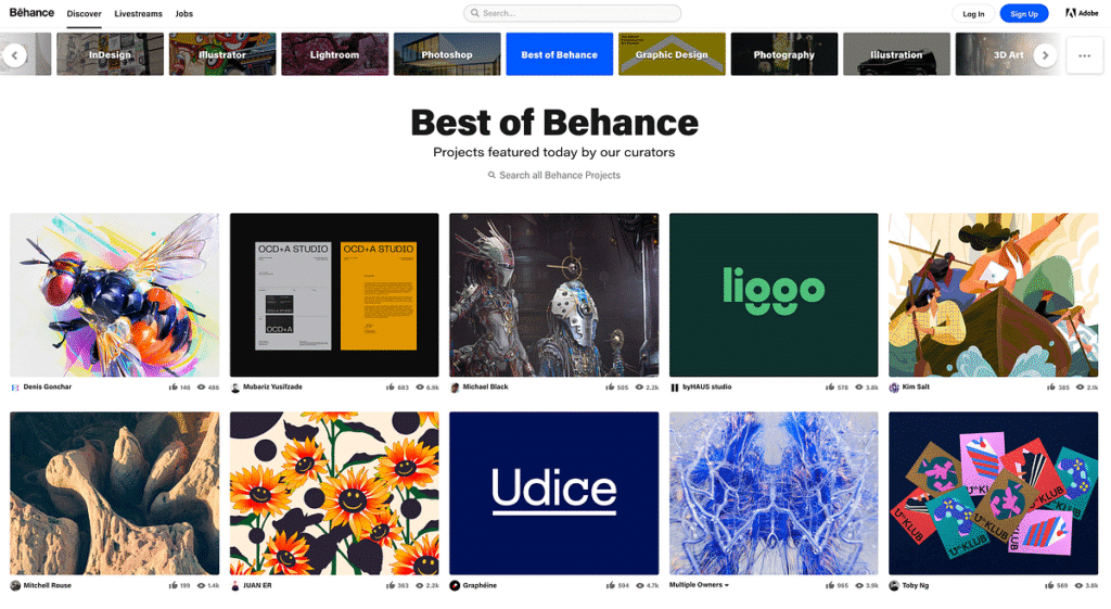 Best of Behance page showcasing diverse creative projects curated by experts.