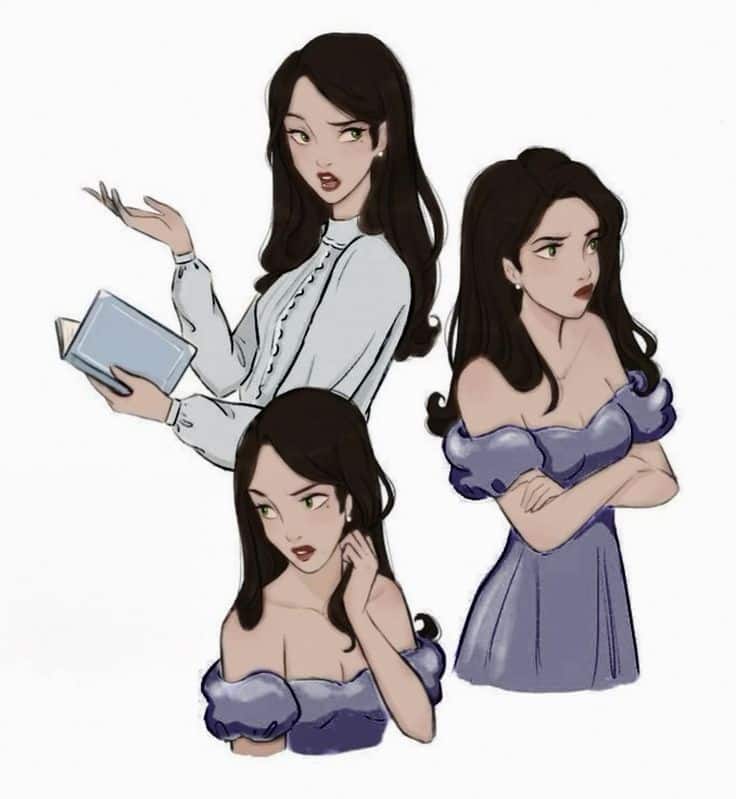 Illustration of a woman with long dark hair in various poses, including reading, thinking, and standing confidently.