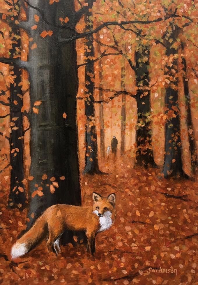 Fox in autumn forest; vivid orange leaves and trees surround the alert animal, evoking a serene woodland scene.