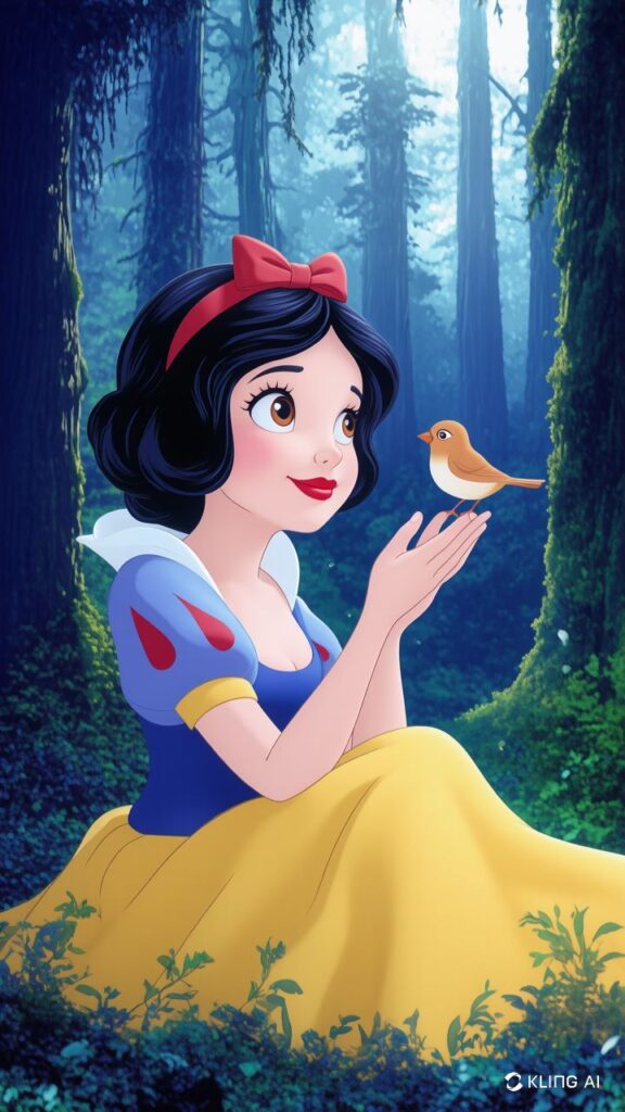 Cartoon princess with red bow holds a bird in a lush, enchanted forest setting.