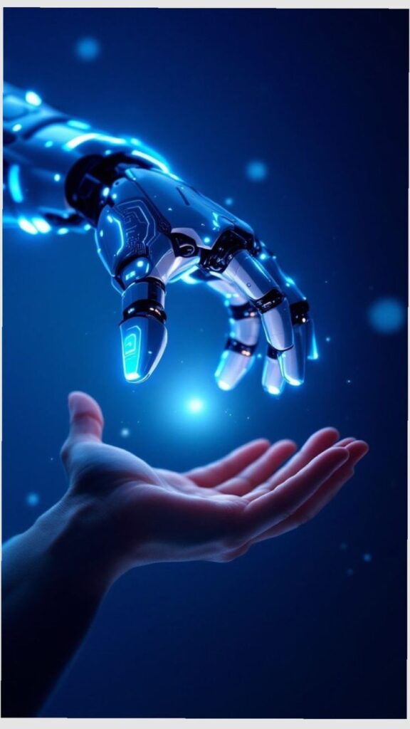 Futuristic robotic and human hands reaching toward each other, symbolizing AI-human collaboration in technology.