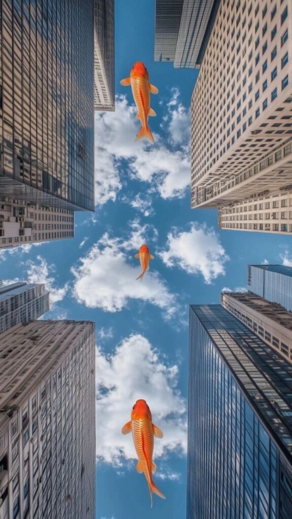 Surreal scene of goldfish swimming in the sky between skyscrapers, creating a whimsical urban landscape.