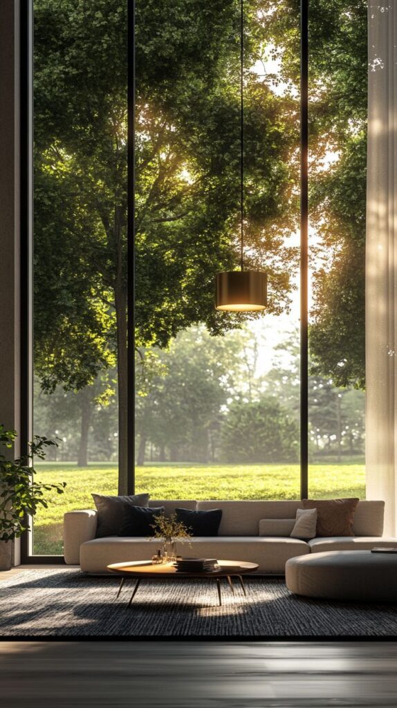 Modern living room with large windows overlooking lush green garden, cozy sofa, and warm lighting.