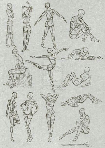 Sketches of mannequin figures in various poses for anatomy drawing practice.