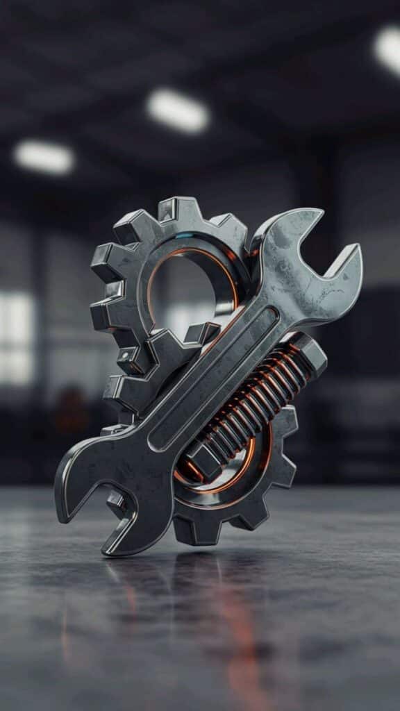 _ 2 Metal gear, wrench, and spring symbolizing engineering and mechanical concepts on a reflective surface. | Sky Rye Design Metal gear, wrench, and spring symbolizing engineering and mechanical concepts on a reflective surface.