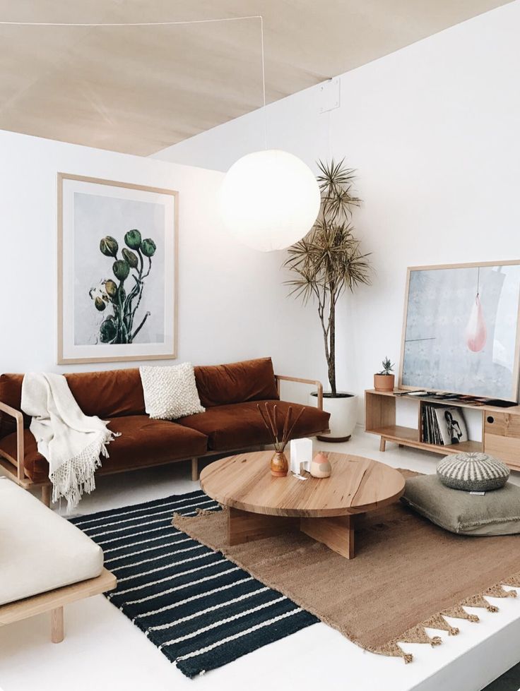 Modern living room with brown sofa, wooden coffee table, striped rug, and plant decor. Minimalist and cozy interior design.